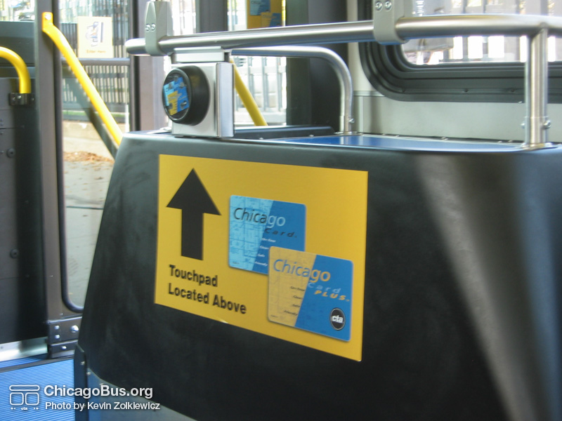 Prototype bus #1000's "Go Lane" touch pad for Chicago Card users. (Photo by Kevin Zolkiewicz)