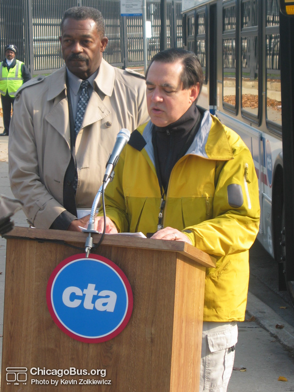 CTA President Frank Kruesi discusses the benefits the 1000-series will bring to CTA customers and the environment during a press conference on November 8, 2006. (Photo by Kevin Zolkiewicz)