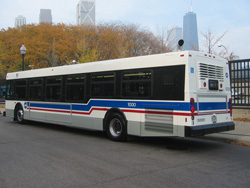 Prototype bus #1000 at Navy Pier during a CTA press conference on November 2, 2005.