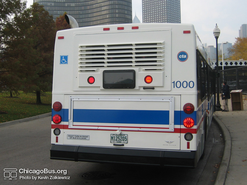Prototype bus #1000 at Navy Pier during a CTA press conference on November 2, 2005. (Photo by Kevin Zolkiewicz)