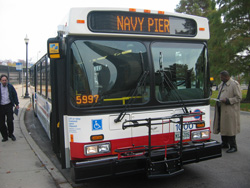 Prototype bus #1000 at Navy Pier during a CTA press conference on November 2, 2005.