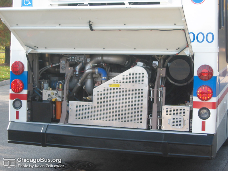 Prototype bus #1000 at Navy Pier during a CTA press conference on November 2, 2005. The 1000-series buses are equipped with a low emission Cummins engine. Each bus produces 60% fewer emissions than the 1991 Flxible Metro buses they replaced. (Photo by Kevin Zolkiewicz)