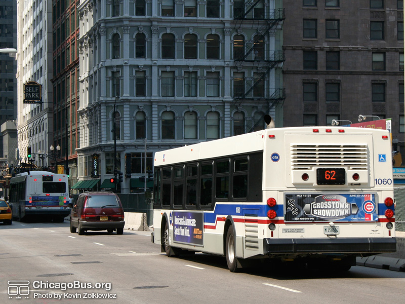 Bus #1060 at Dearborn and Randolph working route #62 Archer on June 16, 2006. (Photo by Kevin Zolkiewicz)