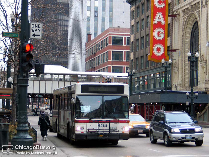 Bus #4288 at State and Randolph working route #146 Inner Drive/Michigan Express on March 5, 2004. (Photo by Michael Pompili)
