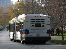 Bus #4000 at Stockton and Fullerton working route #156 LaSalle on November 4, 2008. Unlike subsequent deliveries of the 4000-series, #4000 features unnecessary rear vents.