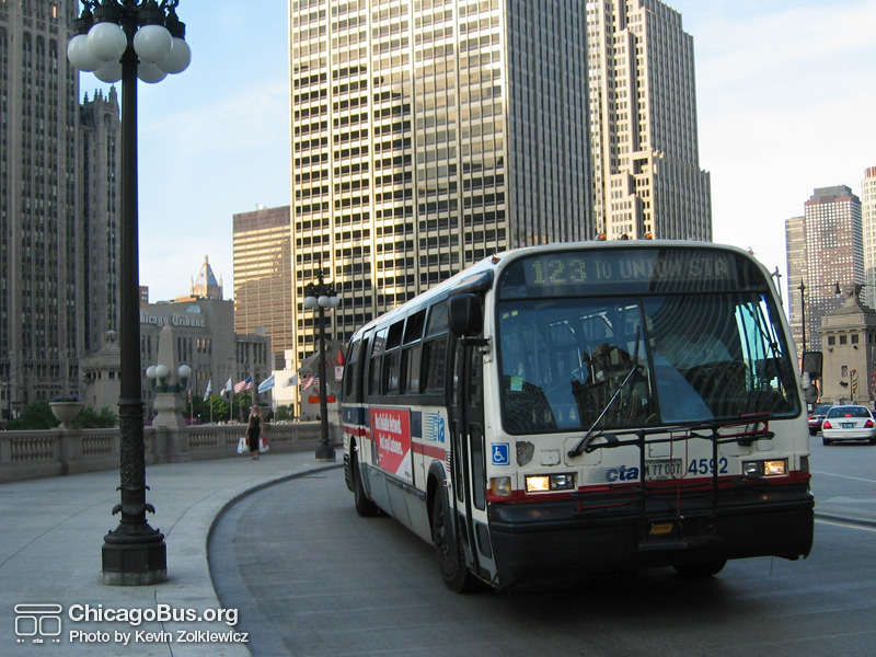 Bus #4592 on Wacker, west of Michigan, working route #123 Illinois Center/Union Express on June 10, 2005. (Photo by Kevin Zolkiewicz)