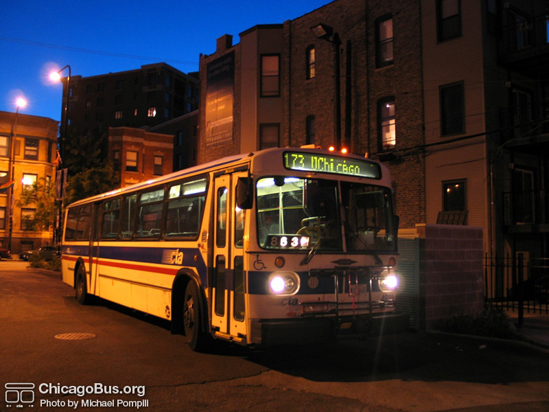 Bus #4923 (former Pace #2119) at Halsted and Belmont working route #173 University of Chicago/Lakeview Express on May 21, 2005. (Photo by Michael Pompili)