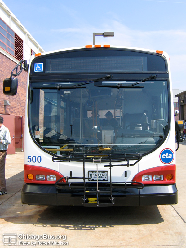 Prototype bus #500 at Skokie Shops on June 17, 2006. Unlike most buses, the windshield wipers on the Optima Opus are mounted at the top of the windshield instead of bottom. (Photo by Robert Madison)