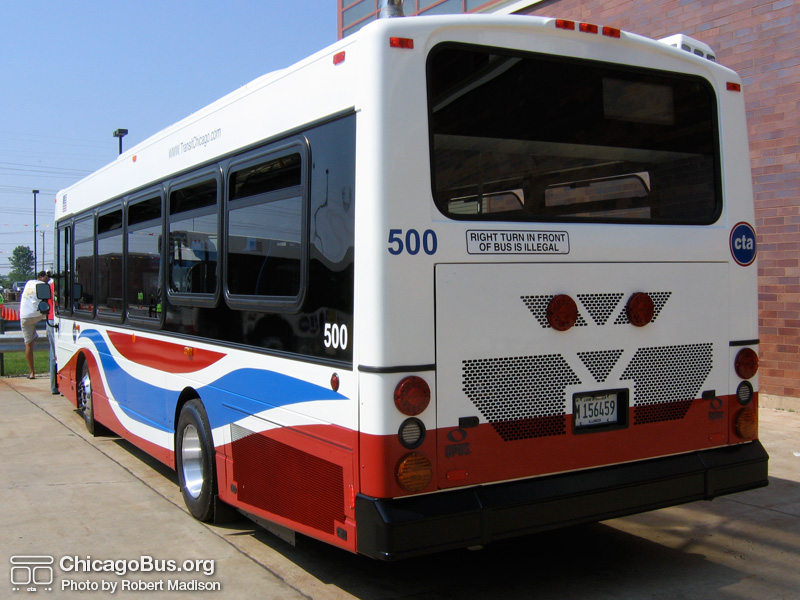 Prototype bus #500 at Skokie Shops on June 17, 2006. (Photo by Robert Madison)