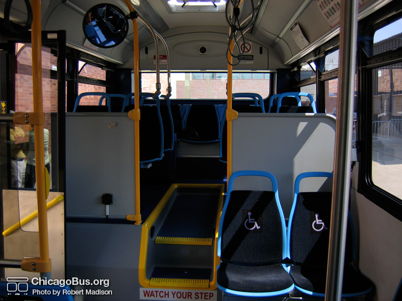 Click to advance to next image. The interior of prototype bus #500 while at Skokie Shops on June 17, 2006. Like the 1000-series New Flyers, the Optima Opus buses feature "Insight" seats from American Seating, wider and thiner than the previous generation of CTA seats. (Photo by Robert Madison)