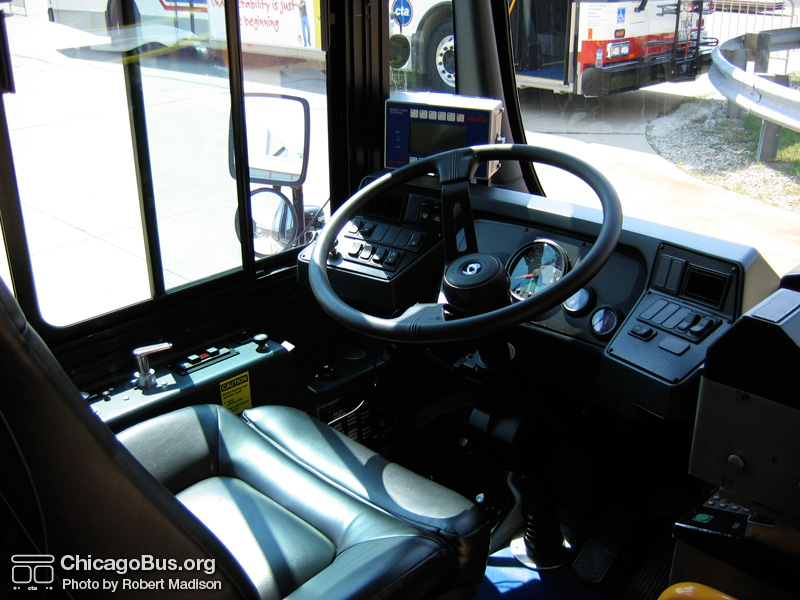 The drivers area of prototype bus #500 while at Skokie Shops on June 17, 2006. (Photo by Robert Madison)
