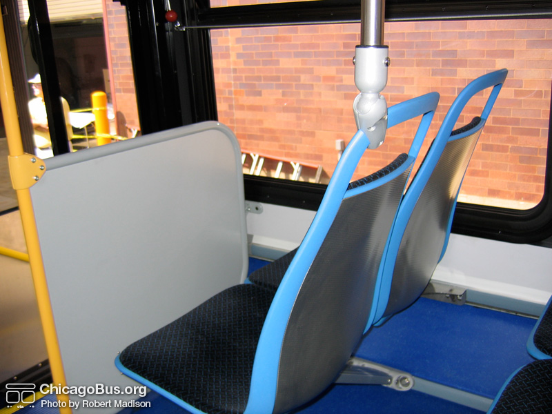 A close-up of the American Seating "Insight" seats on prototype bus #500 while at Skokie Shops on June 17, 2006. (Photo by Robert Madison)