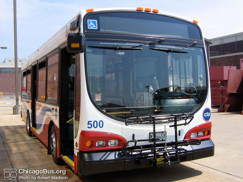 Prototype bus #500 at Skokie Shops on June 17, 2006. (Photo by Robert Madison)
