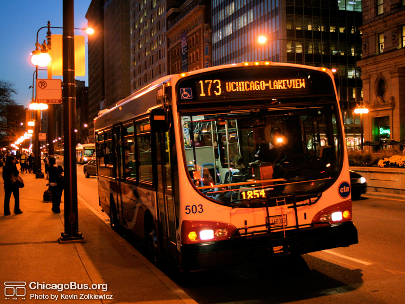 Bus #503 at Michigan and Adams working route #173 University of Chicago/Lakeview Express on November 9, 2006. (Photo by Kevin Zolkiewicz)