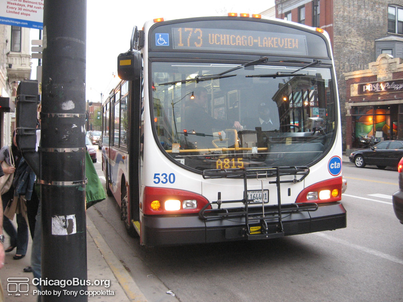 Bus #530 at Halsted and Armitage working route #173 University of Chicago-Lakeview Express on April 25, 2008. (Photo by Tony Coppoletta)