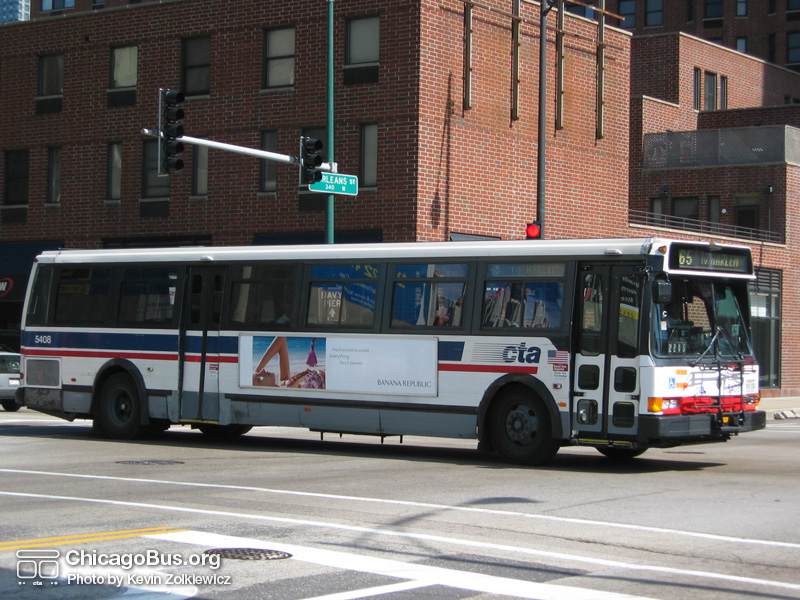 Bus #5408 at Grand and Orleans working route #65 Grand on June 18, 2005. (Photo by Kevin Zolkiewicz)