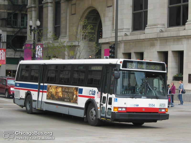 Bus #5554, missing a bike rack, at Michigan and Washington working route #60 Blue Island/26th on April 28, 2004. (Photo by Kevin Zolkiewicz)