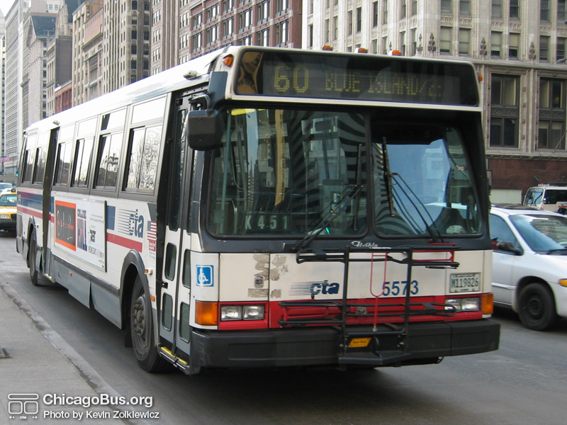 Bus #5573 at Michigan and Washington working route #60 Blue Island/26th on February 28, 2004. (Photo by Kevin Zolkiewicz)
