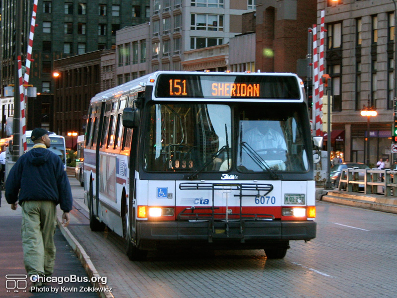 Bus #6070 at Michigan Ave. Bridge working route #151 Sheridan on June 12, 2006. (Photo by Kevin Zolkiewicz)