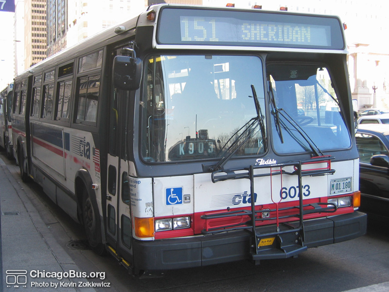 Bus #6073 at Michigan and Washington working route #151 Sheridan on February 26, 2004. (Photo by Kevin Zolkiewicz)