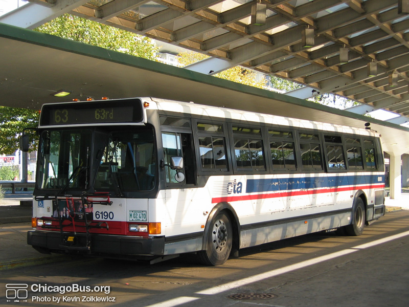 Bus #6190 at the 63rd/Ashland Green Line station working route #63 63rd on October 17, 2004. (Photo by Kevin Zolkiewicz)