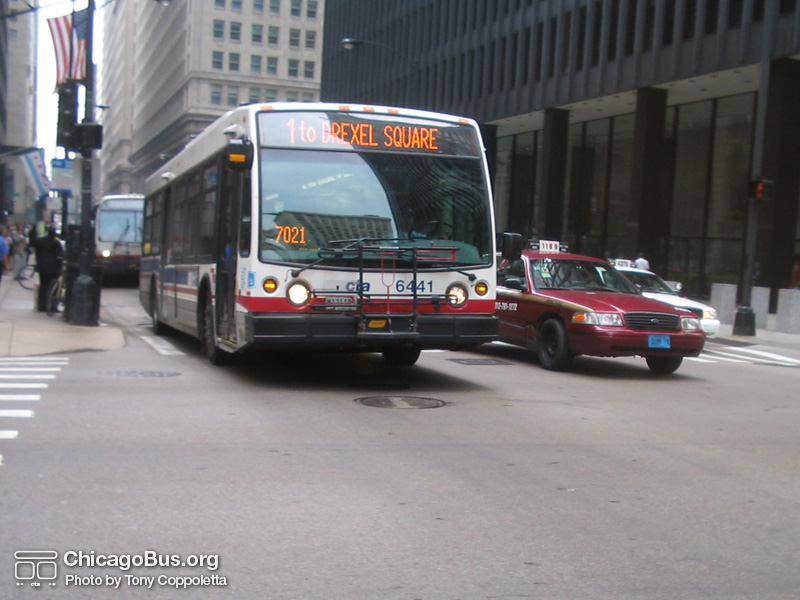 Bus #6441 at Jackson and Dearborn working route #1 Indiana/Hyde Park on August 4, 2005. This bus uses a high-resolution Aesys destination sign. (Photo by Tony Coppoletta)