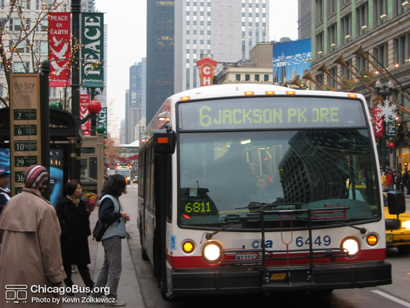 Bus #6449 at State and Washington working route #6 Jackson Park Express on November 22, 2003. (Photo by Kevin Zolkiewicz)