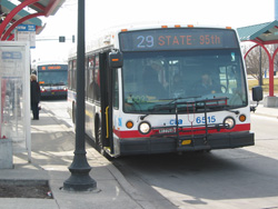 Bus #6515 at the Navy Pier bus turnaround working route #29 State on February 28, 2004. This bus is equipped with a TwinVision Chroma destination sign.