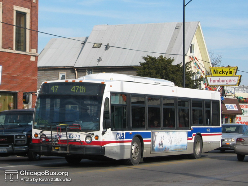 Bus #6573 at 47th and Kedzie working route #47 47th on February 5, 2005. (Photo by Kevin Zolkiewicz)