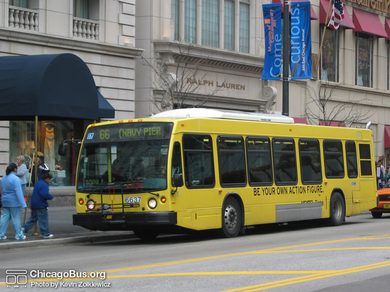 Bus #6637 at Chicago and Michigan working route #66 Chicago on November 22, 2003. (Photo by Kevin Zolkiewicz)