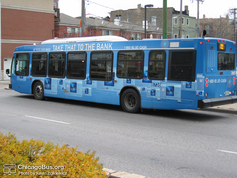 Bus #6736 at North and Sedgwick working route #72 North on November 23, 2003. (Photo by Kevin Zolkiewicz)