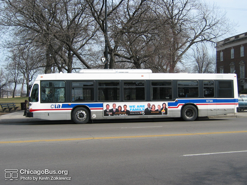 Bus #6738 at Clark and West LaSalle on February 28, 2004. (Photo by Kevin Zolkiewicz)