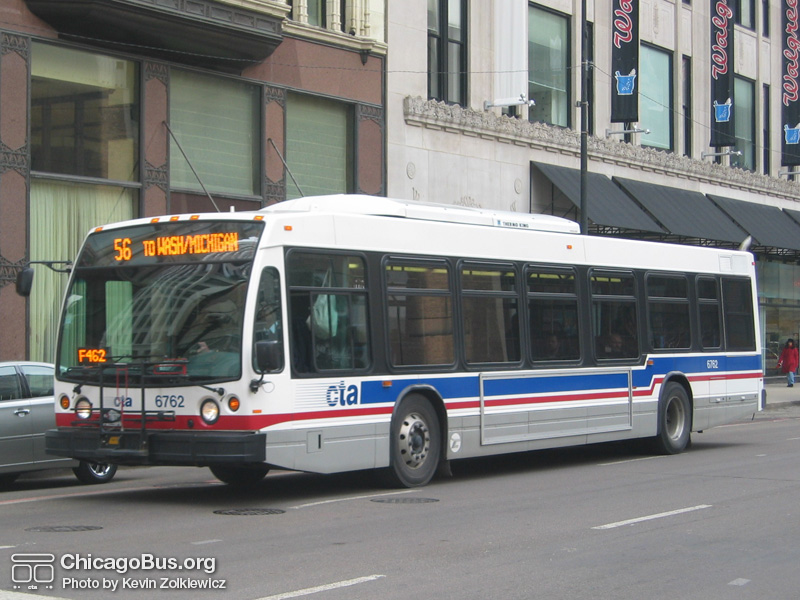 Bus #6762 at Washington and State working route #56 Milwaukee on February 22, 2004. (Photo by Kevin Zolkiewicz)
