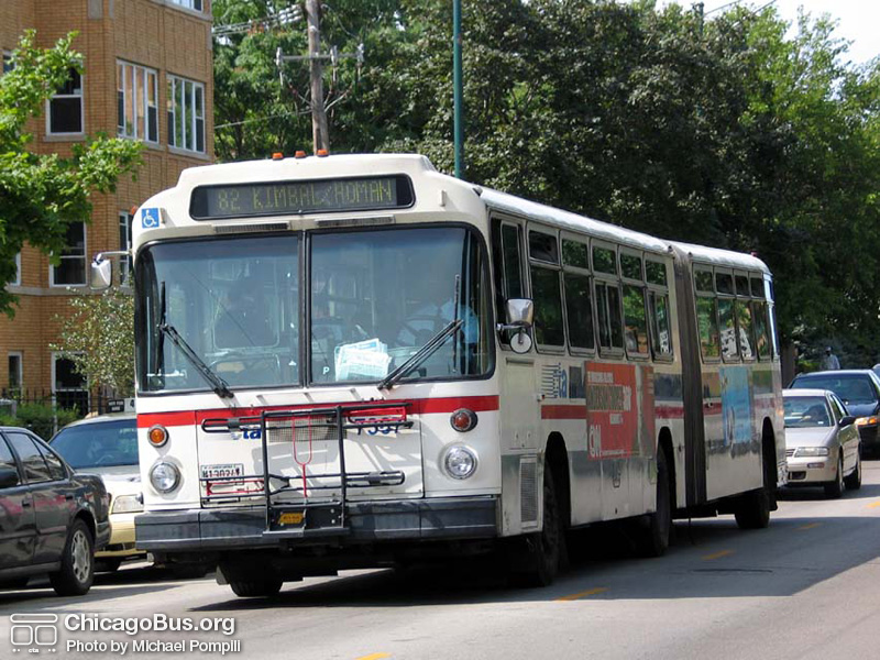 Bus #7367 at Kimball and Balmoral working route #82 Kimball/Homan on July 23, 2004. (Photo by Michael Pompili)