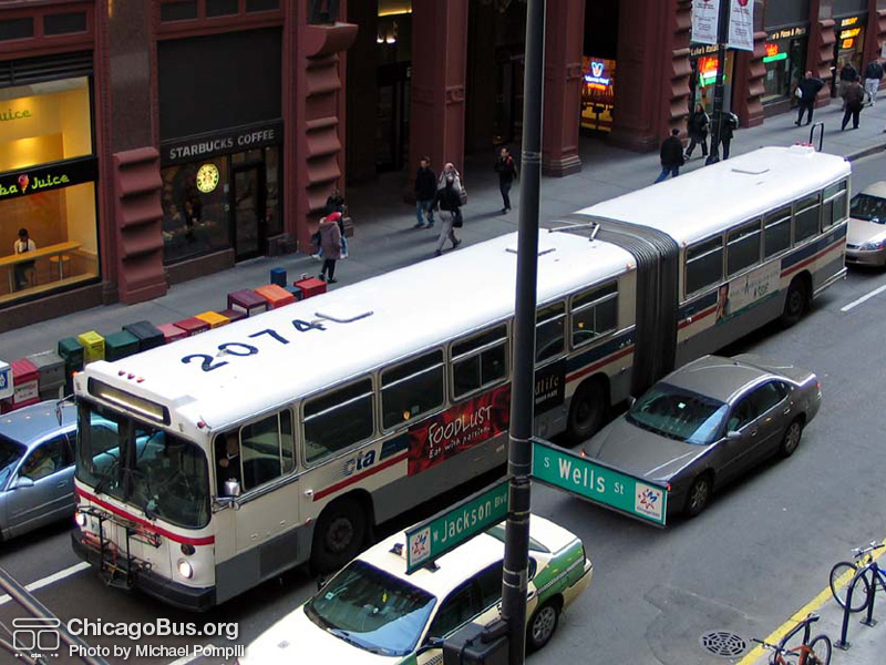 Bus #7396 (former King County Metro #2074) at Jackson and Wells on March 9, 2004. (Photo by Michael Pompili)