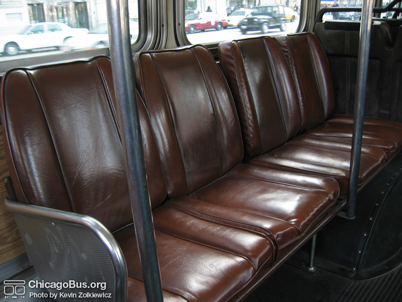 The 7300-series featured brown leather seats, uncommon for CTA buses, as seen in this April 13, 2004 photograph. (Photo by Kevin Zolkiewicz)