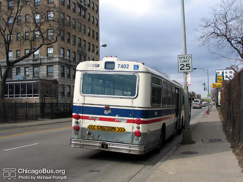 Bus #7402 at Foster and Marine working route #147 Outer Drive Express on March 11, 2004. (Photo by Michael Pompili)