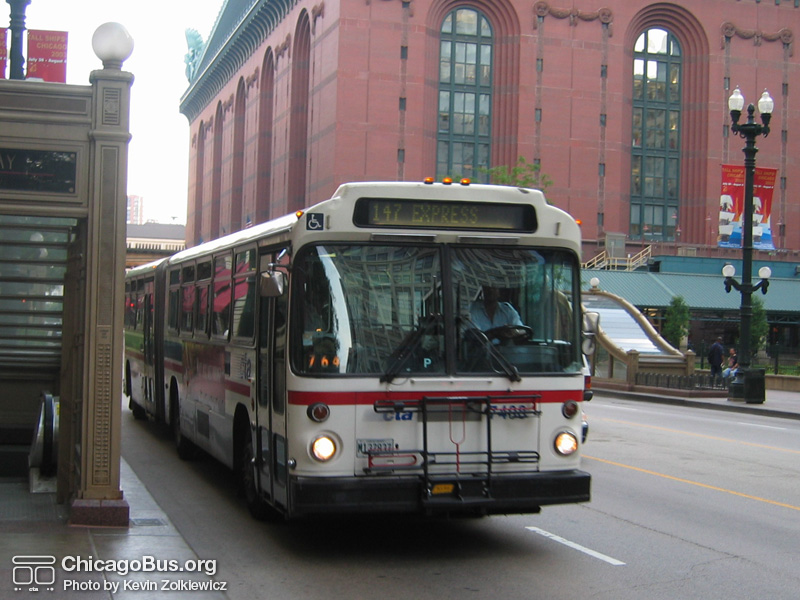 Bus #7408 at State and Van Buren working route #147 Outer Drive Express on August 5, 2003. (Photo by Kevin Zolkiewicz)