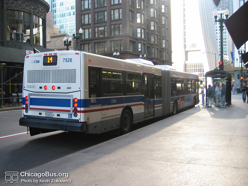 Bus #7526 at Madison and State working route #14 Jeffery Express on September 5, 2003. (Photo by Kevin Zolkiewicz)