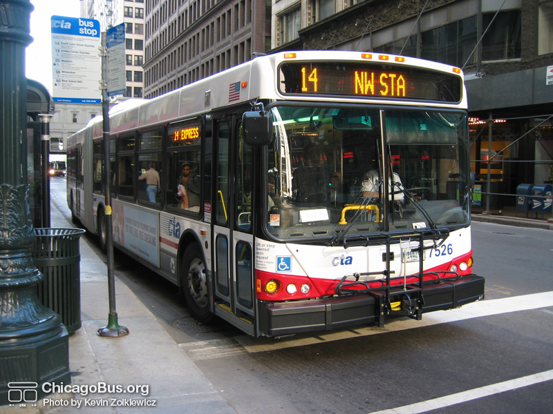 Bus #7526 at Madison and State working route #14 Jeffery Express on September 5, 2003. (Photo by Kevin Zolkiewicz)