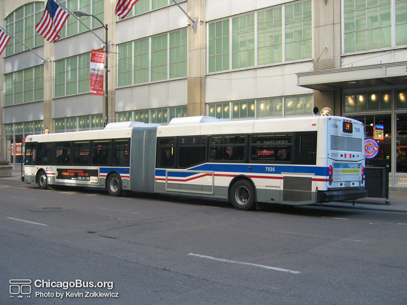 Bus #7535 at Washington and State working route #14 Jeffery Express on February 26, 2004. (Photo by Kevin Zolkiewicz)