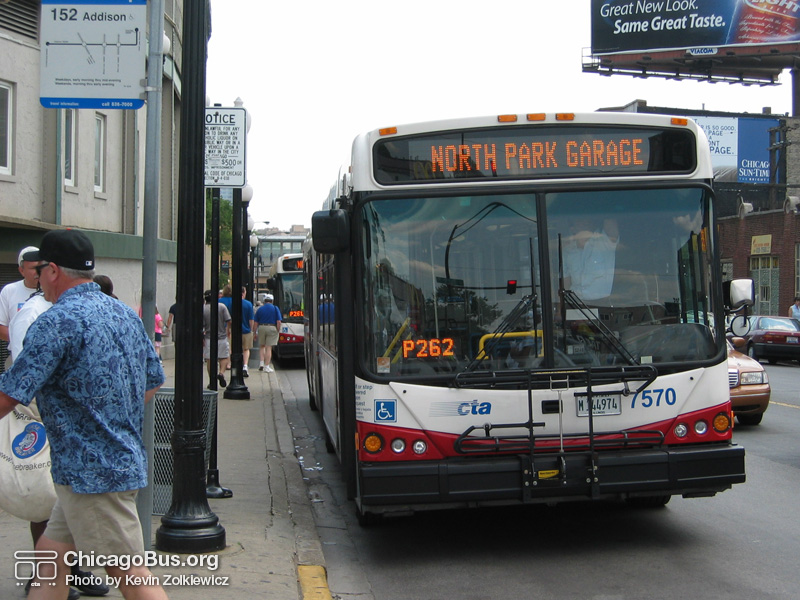 Bus #7570 at Addison and Clark on June 30, 2004. (Photo by Kevin Zolkiewicz)