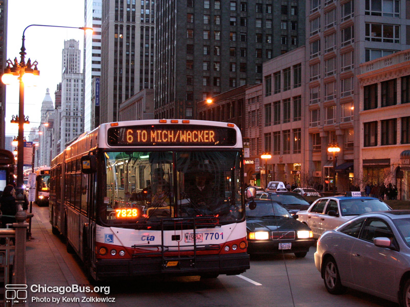 Bus #7701 at Michigan and Wacker working route #6 Jackson Park Express on March 10, 2007. (Photo by Kevin Zolkiewicz)