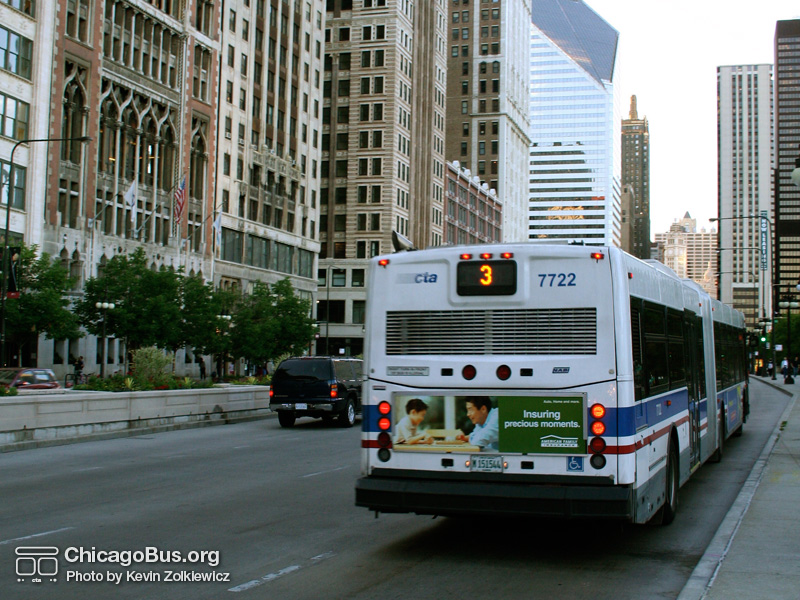 Bus #7722 on Michigan between Madison and Washington working route #3 King Drive on June 12, 2006. (Photo by Kevin Zolkiewicz)