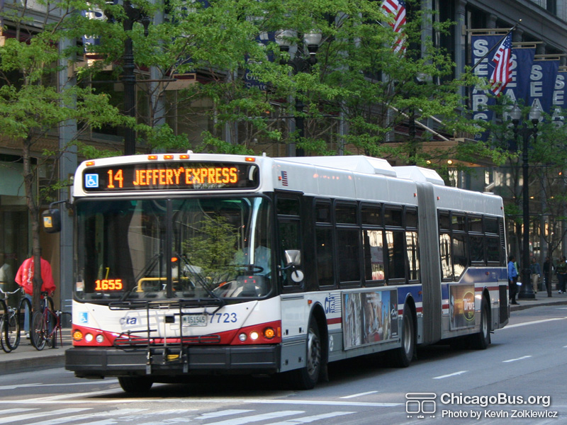 Bus #7723 at Madison and Dearborn working route #14 Jeffery Express on May 18, 2007. (Photo by Kevin Zolkiewicz)