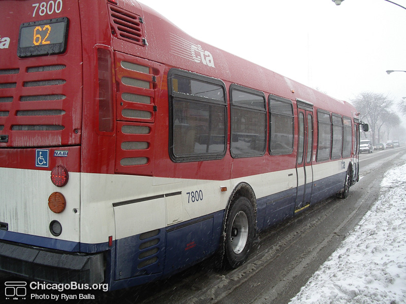 Prototype bus #7800 at California and Archer, on its way to Archer Garage, on January 22, 2005. (Photo by Ryan Balla)