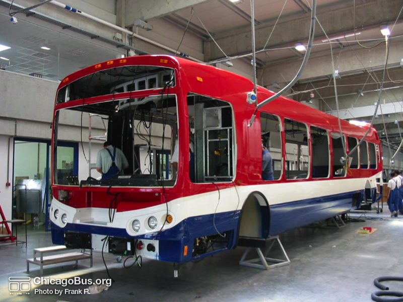 Click to advance to next image. NABI employees work on the assembly of CTA's NABI 45C-LFW CompoBus prototype in 2004 at the NABI plant in Anniston, AL. Special thanks to "Family Guy" for providing these rare assembly photos. (Photo by Frank R.)