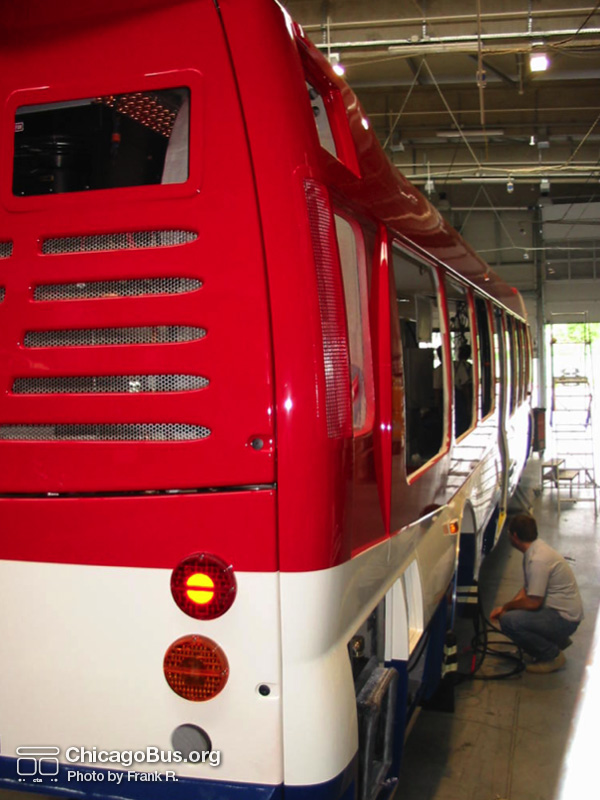 Click to advance to next image. NABI employees work on the assembly of CTA's NABI 45C-LFW CompoBus prototype in 2004 at the NABI plant in Anniston, AL. Special thanks to "Family Guy" for providing these rare assembly photos. (Photo by Frank R.)