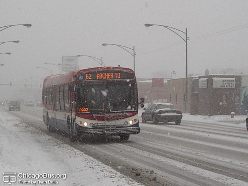 Prototype bus #7800 at Archer and Christiana working route #62 Archer on January 22, 2005. (Photo by Ryan Balla)